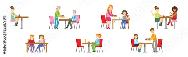 Fototapeta People Character Eating Food at Cafe Sitting at Table Vector Set