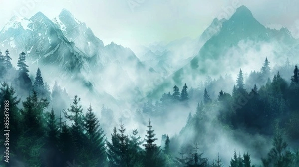 Fototapeta Mountains landscape with fog and forest. Background illustration generated by ai
