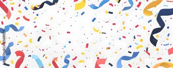 Fototapeta White background with colorful confetti and ribbons at the bottom, vector illustration, flat design, simple shapes, no shadows, colorful
