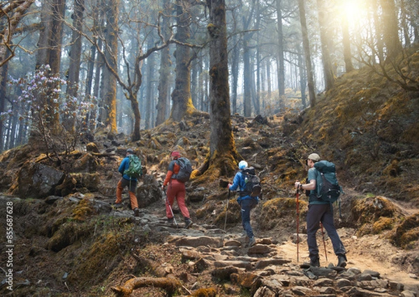 Fototapeta Group of tourists with backpacks walks along mountain path through beautiful forest during trek in Nepal.