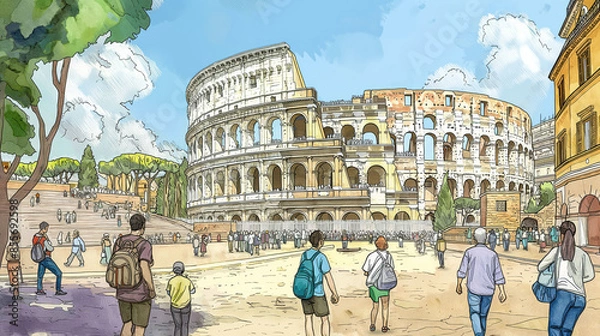 Fototapeta An artistic rendering showing the Colosseum in Rome with tourists enjoying gelato on a sunny day.