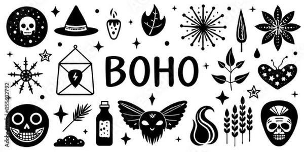 Fototapeta A collection of boho icons in black and white on a white background