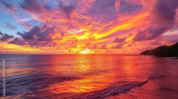 Obraz A beautiful sunset over the ocean with a reflection of the sun on the water