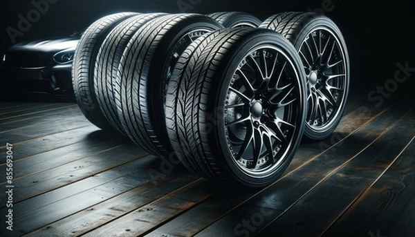Fototapeta luxury car tires aligned neatly on a dark, wooden floor, each tire featuring intricate tread patterns for high performance.