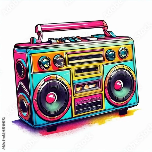 Obraz  A colorful, 80s style illustration of a boombox with chrome accents, light reflecting off its surface.
