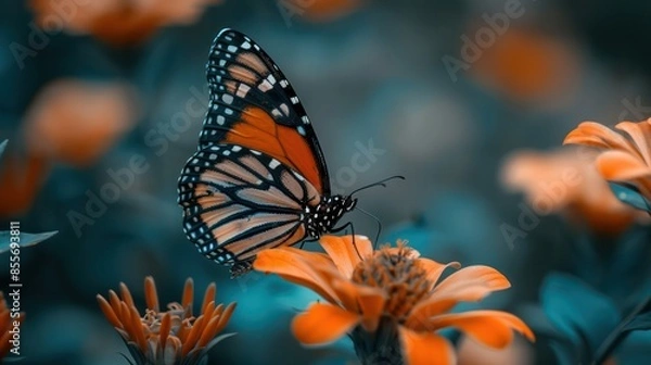 Fototapeta A close-up of a butterfly perched on a vibrant flower, capturing intricate details.