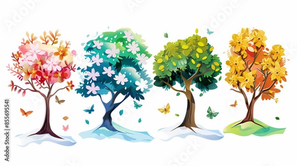 Obraz Four seasons tree isolated on white background, spring with flowers, green summer, yellow autumn, snow winter. Vector illustration. Paper cut cartoon style,