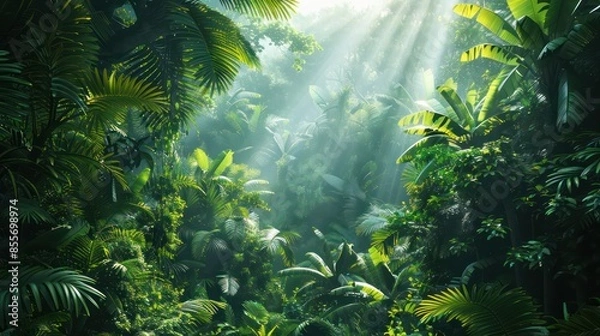 Fototapeta A lush jungle with a bright sun shining through the trees