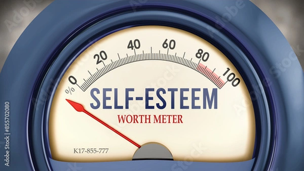 Fototapeta Self-Esteem and Worth Meter that hits less than zero, showing an extremely low level of self-esteem, none of it, insufficient. Minimum value, below the norm. Lack of self-esteem. ,3d illustration