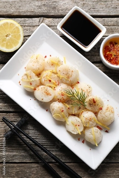 Fototapeta Raw scallops with spices, dill, lemon zest and sauces on wooden table, flat lay