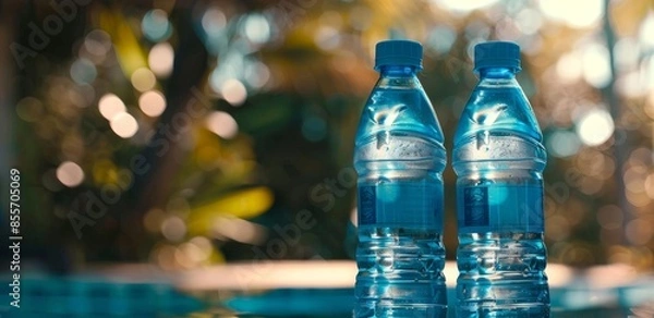 Fototapeta Two water bottles standing next to each other in outdoor setting with blurred background