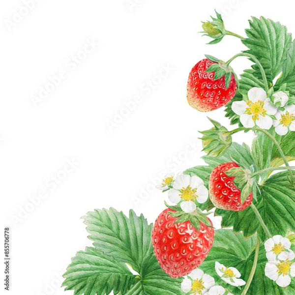Fototapeta Red strawberry with white flowers, green leaves corner, border. Hand drawn watercolor ornament. Delicious food art, fresh botanical realistic painting. Summer berry banner for menu, packaging, prints