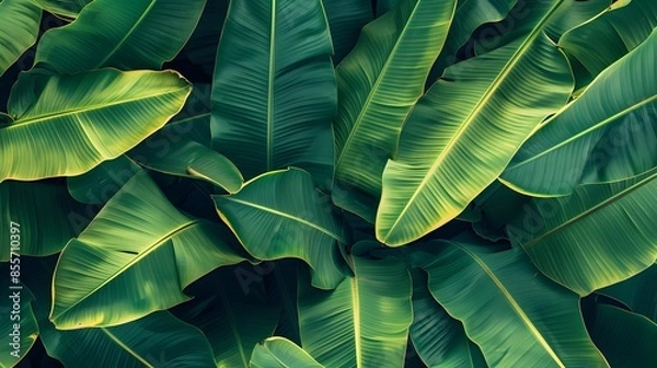 Obraz Green banana leaf background with copy specs for text. The leaves of the banana tree pattern. 