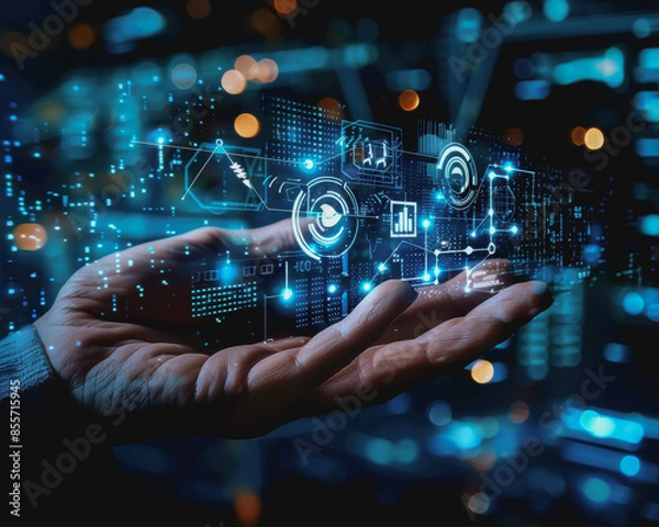 Fototapeta Hand touching a virtual icon holographic digital interface with a futuristic business backdrop