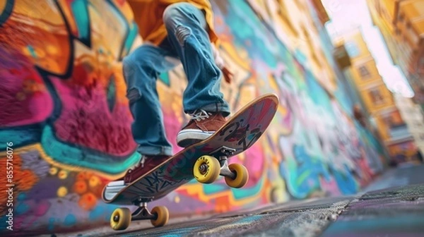 Obraz Urban Skateboarding in Vibrant Graffiti Alley