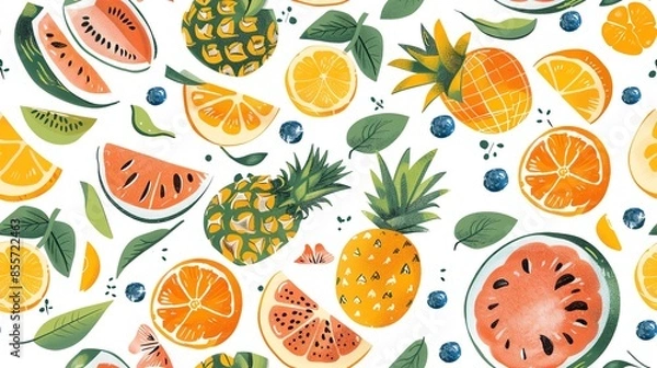 Obraz Design a seamless pattern featuring summer fruits like watermelons, pineapples, and oranges