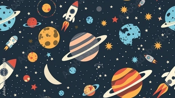 Fototapeta Generate a seamless pattern with planets, rockets, and astronauts exploring outer space