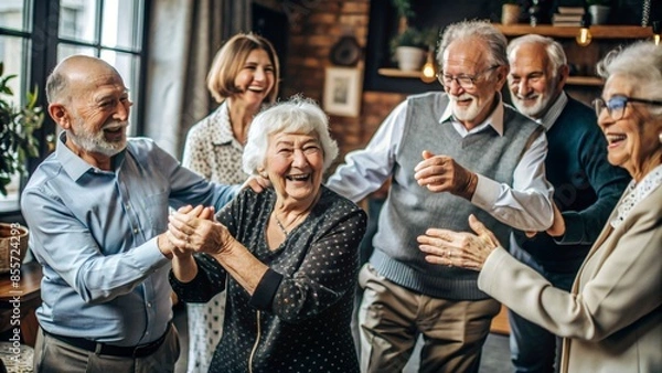 Fototapeta Smiley happy seniors dancing and having fun celebrating party in nursing home, elderly people enjoying a lively social activity gathering 