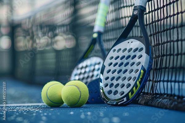 Fototapeta A pair of padel tennis rackets and balls resting against a net on a blue court. The equipment is positioned close to the camera, with the court and net slightly blurred in the background