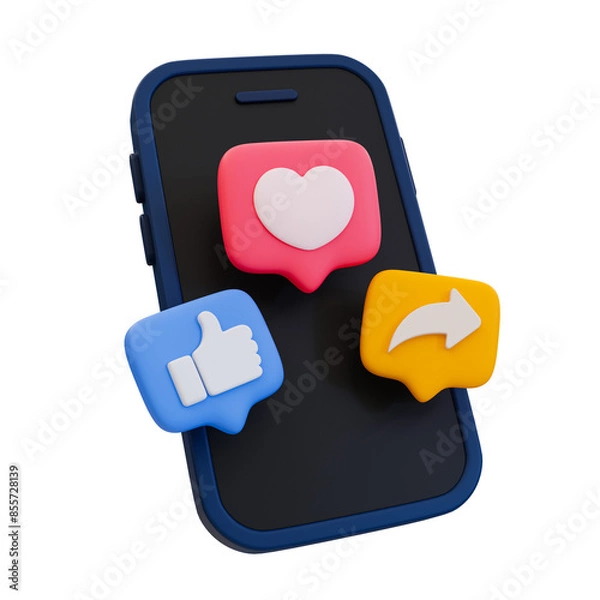 Fototapeta 3D illustration of a smartphone with social media icons, representing likes, shares, and love for online engagement.