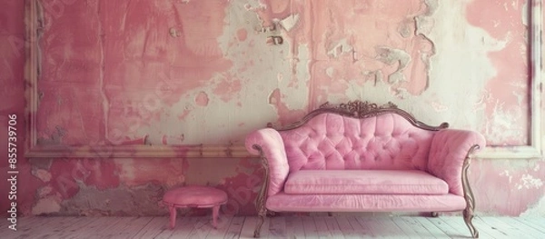 Obraz Oldies-style sofa and table furniture but with a touch of casual pink color so that it brings comfort. with copy space image. Place for adding text or design