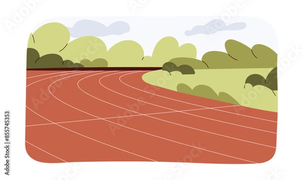Fototapeta Red running track for athletic and various sports competitions, running line positions from one to six, racing track for runners and athletes, red running track in stadium flat vector illustration.
