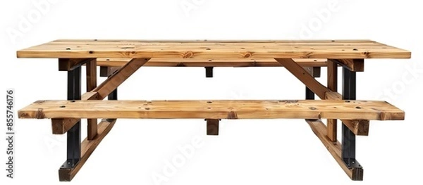 Fototapeta Standard table with benches on either side of the table isolated on white background. This has clipping path. with copy space image. Place for adding text or design