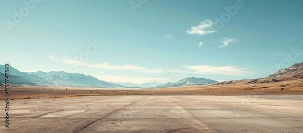Fototapeta A wide-angle ground with a clear sky and mountainous background for vehicles or products placement. Copy space image. Place for adding text or design