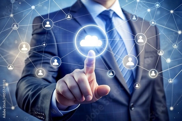 Fototapeta saas software as a service concept with hand press