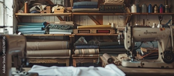 Fototapeta Tailor's workplace. Fabrics on wooden shelves. Sewing machines. with copy space image. Place for adding text or design