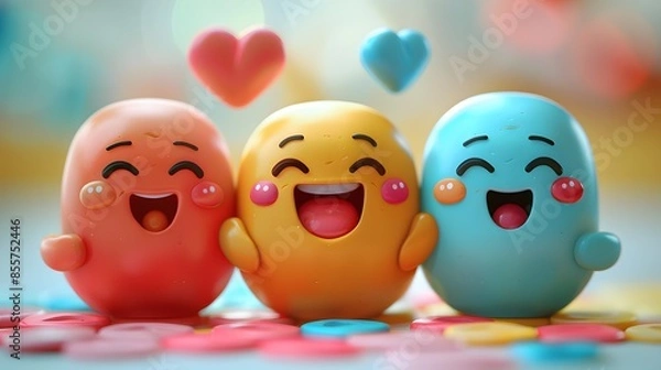 Fototapeta Cheerful cute characters with colorful hearts and candy-like elements in a playful setting.