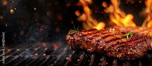 Fototapeta Grilled meat steak on stainless grill depot with flames on dark background. Food and cuisine concept. Copy space image. Place for adding text or design