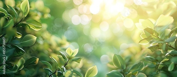 Fototapeta Green leaves blur and blurred light bokeh. Abstract background and beautiful backdrop. Copy space image. Place for adding text or design