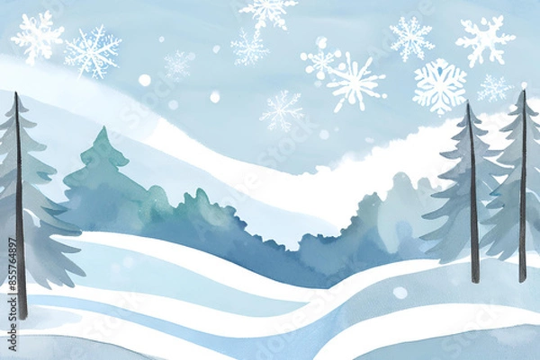 Fototapeta Winter Wonderland, Snowy Landscape with Falling Snowflakes, Watercolor Forest Scene