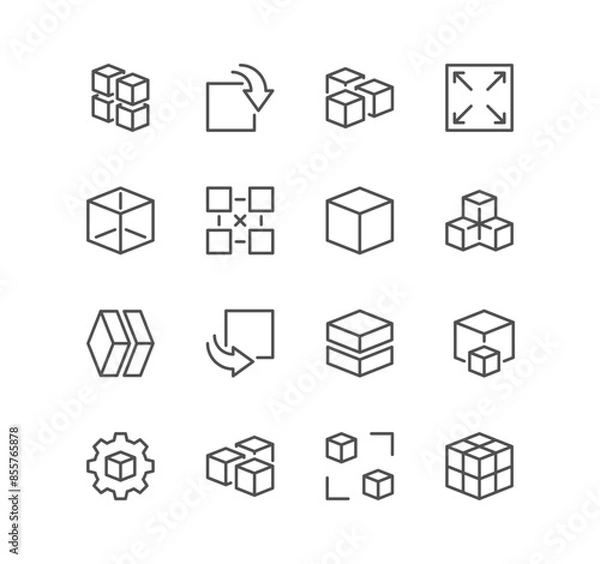 Fototapeta Set of cubes related icons, 360 degrees, virtual reality, full rotation, 3d modeling and linear variety vectors.
