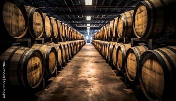 Fototapeta Cellar with whiskey barrels