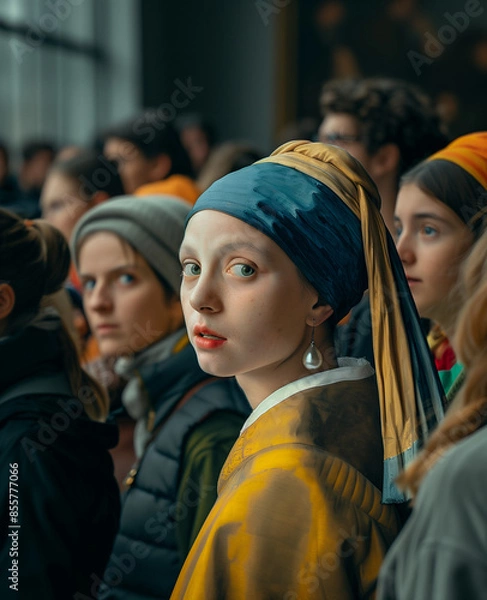 Fototapeta A woman wearing pearl earrings stands in the crowd at the art gallery