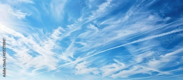 Fototapeta Clear blue sky with cirrus clouds and plane tracks. Abstract natural pattern, texture, close-up. Concept art, meteorology, ecology, climate change, religion, heaven, graphic resources