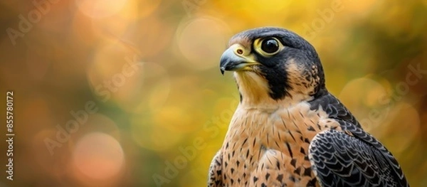 Fototapeta Peregrine falcon close up photo pastel background Isolated. with copy space image. Place for adding text or design