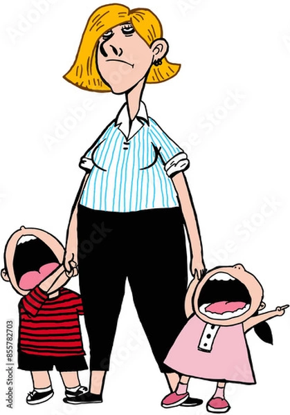 Obraz A single mother with a son and daughter is tired.