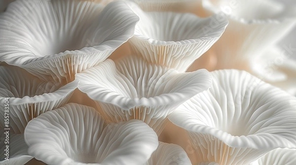 Fototapeta A dense cluster of oyster mushrooms reveals intricate gills and textures.