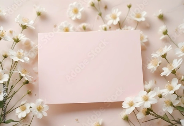 Fototapeta A blank white card or paper surrounded by delicate white flowers on a soft, light background