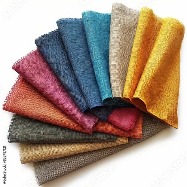 Fototapeta A fan of canvas fabric swatches in rich hues of blue, red, yellow, and green offers a tactile feast of textures and shades.