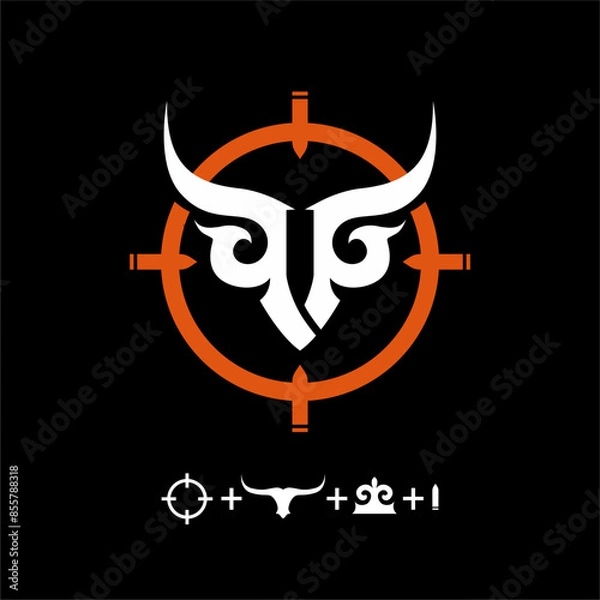 Fototapeta Hunter's Mark. This logo, symbolizing a skilled archer, features a stylized arrow and the letter “E” in a minimalist and modern design. 