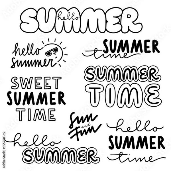 Fototapeta monochrome linear abstract summer time label set with typographic and graphic doodle elements isolated on white background for web and print