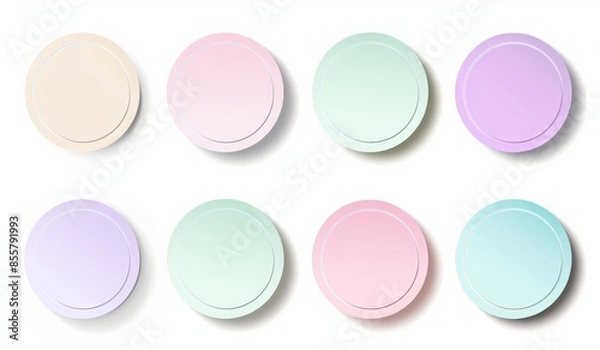 Fototapeta In this modern illustration set of white and brown round blank paper stickers, we have a mock up collection of circle adhesive curled paper labels.