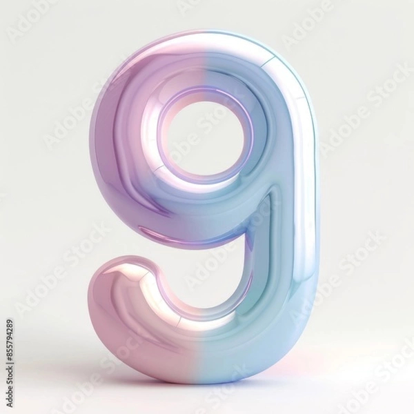 Fototapeta A 3D glossy plastic pink number 9 nine with a liquid surface with holographic reflection modern, and realistic volume Y2K font digits