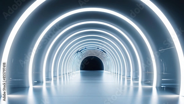 Obraz  White background 3D room light abstract space technology tunnel stage floor. Empty white future 3D neon background studio futuristic corridor render modern interior silver road black wall design gray