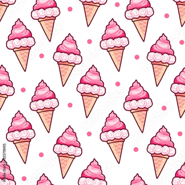 Fototapeta vector Seamless pattern with cartoon ice cream cone isolated on white background summer design