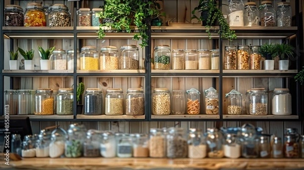 Fototapeta Stylish zero-waste store where customers buy products in bulk using their own containers, eliminating packaging waste.